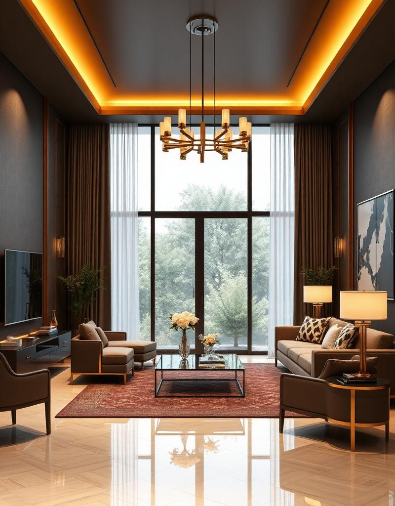تصميم داخلي وديكور لمساحة معيشة بألوان دافئة وإضاءة مدروسة