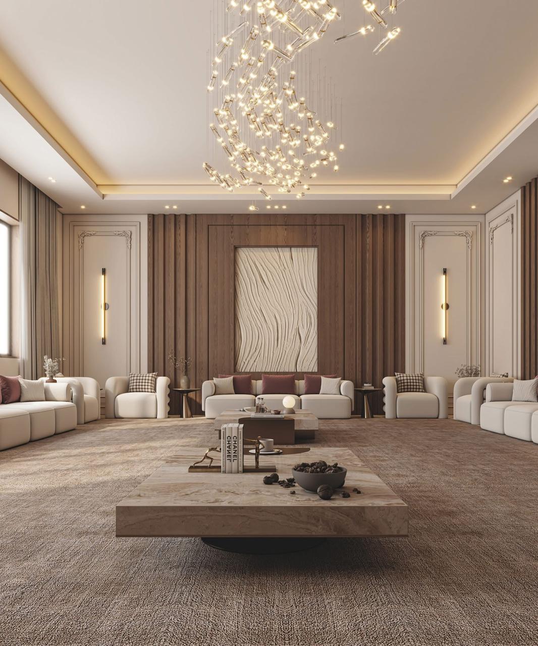 ديكور فيلا فاخر بألوان محايدة ولمسات خشبية — تصميم رقم 14