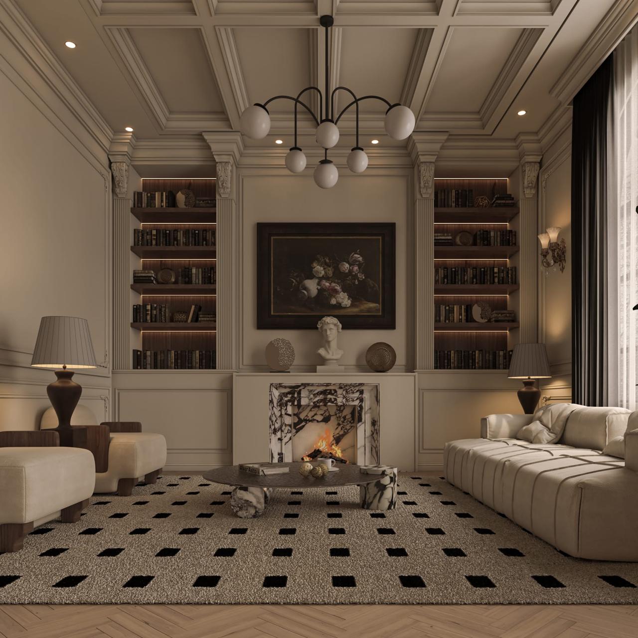 ديكور فيلا فاخر بألوان محايدة ولمسات خشبية — تصميم رقم 26