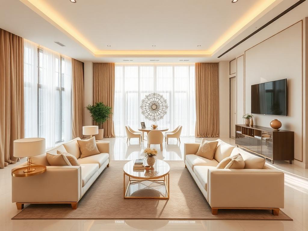 تصميم ريسبشن مودرن بألوان بيج وذهبي وإضاءة مخفية